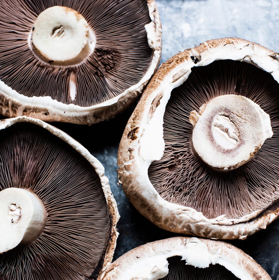 upside down portabello mushrooms, still life, overhead view